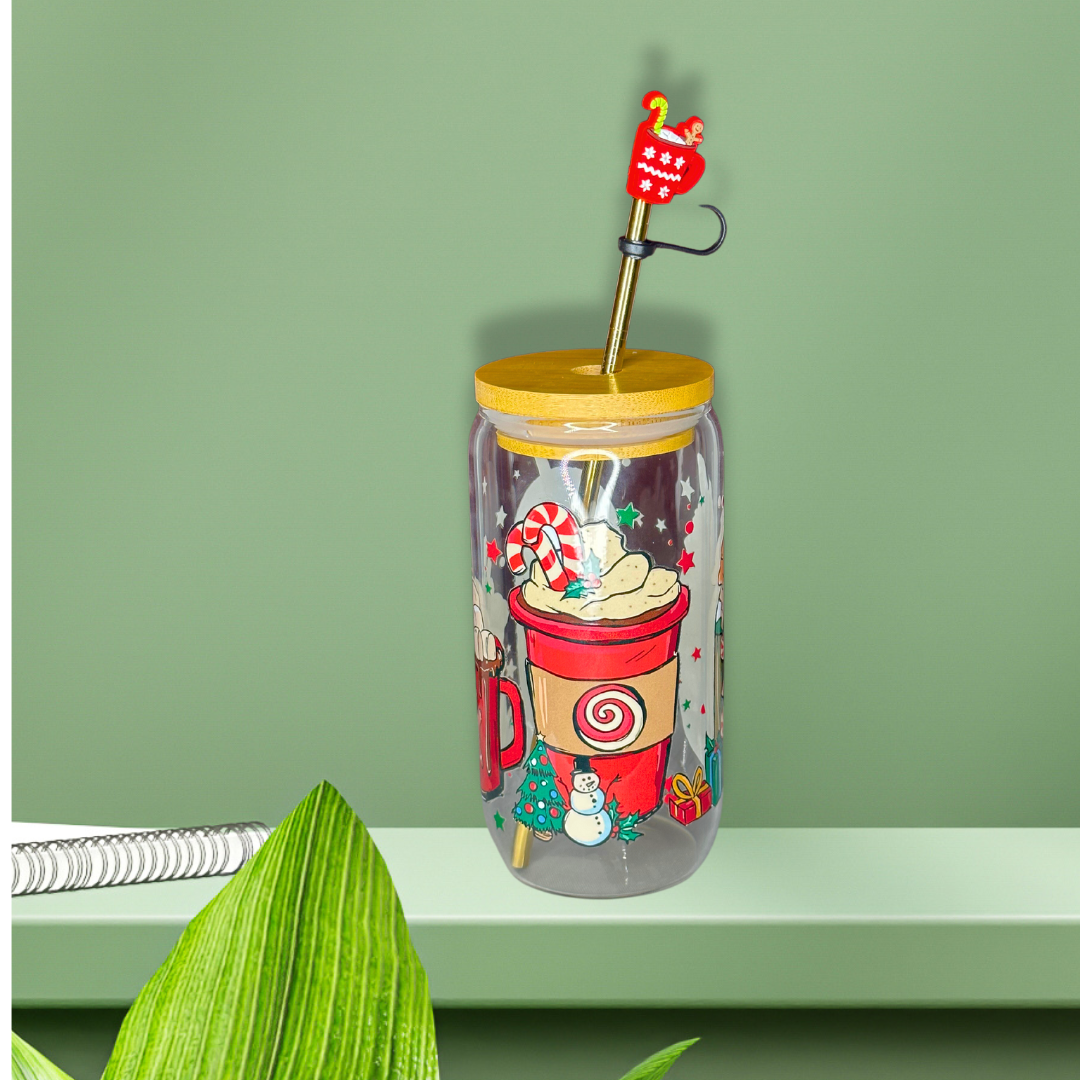 Marshmellow Comfort Glass Can Cup - Lid + Straw + Holiday Topper