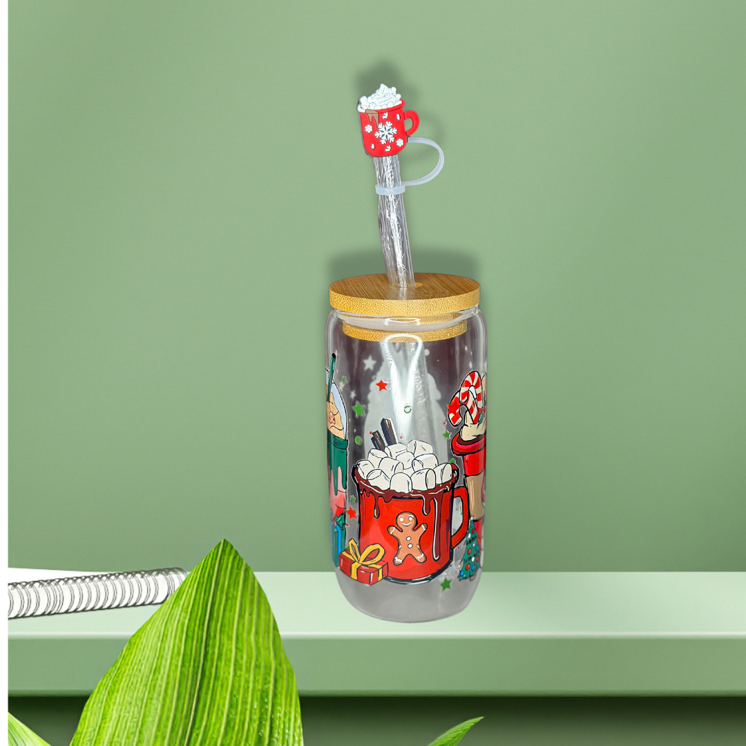 Marshmellow Comfort Glass Can Cup - Lid + Straw + Holiday Topper