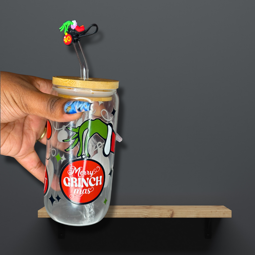 Merry Grinchmas Glass Can Cup - Lid + Straw + Holiday Topper