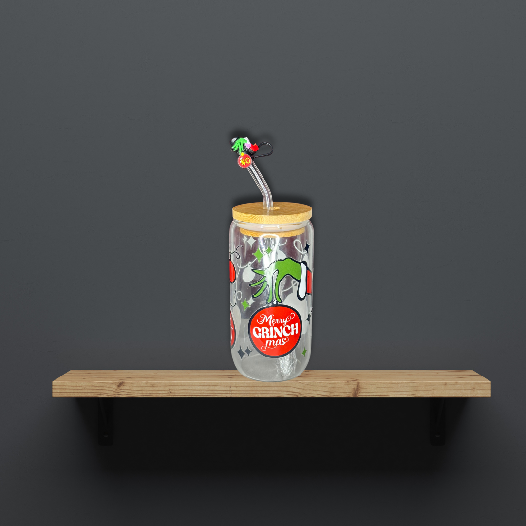 Merry Grinchmas Glass Can Cup - Lid + Straw + Holiday Topper