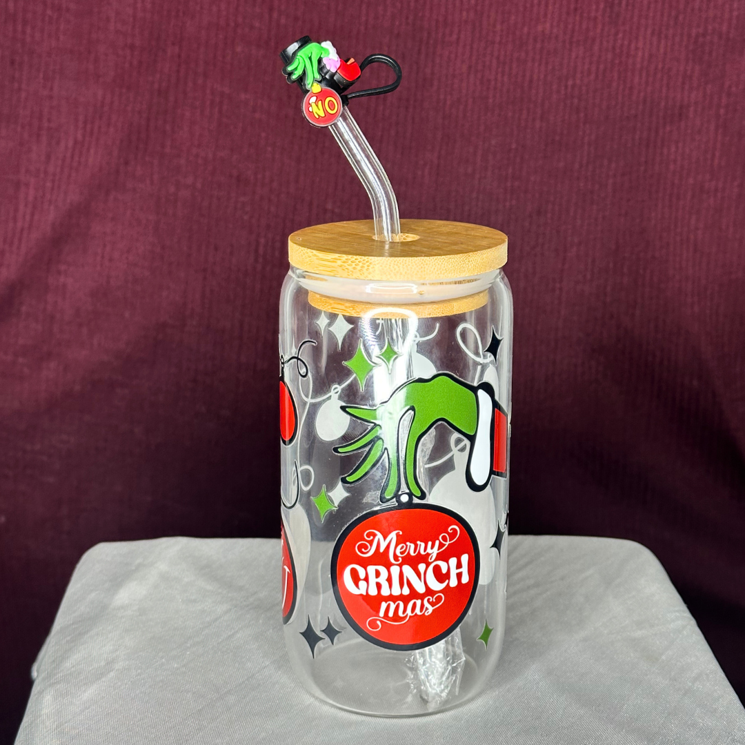 Merry Grinchmas Glass Can Cup - Lid + Straw + Holiday Topper