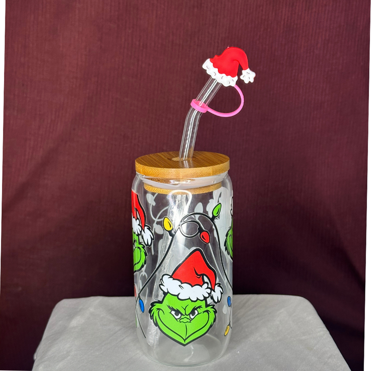 Grumpy Christmas Glass Can Cup - Lid + Straw + Holiday Topper