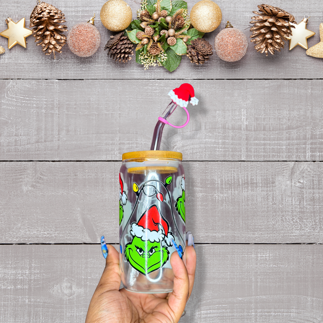 Grumpy Christmas Glass Can Cup - Lid + Straw + Holiday Topper