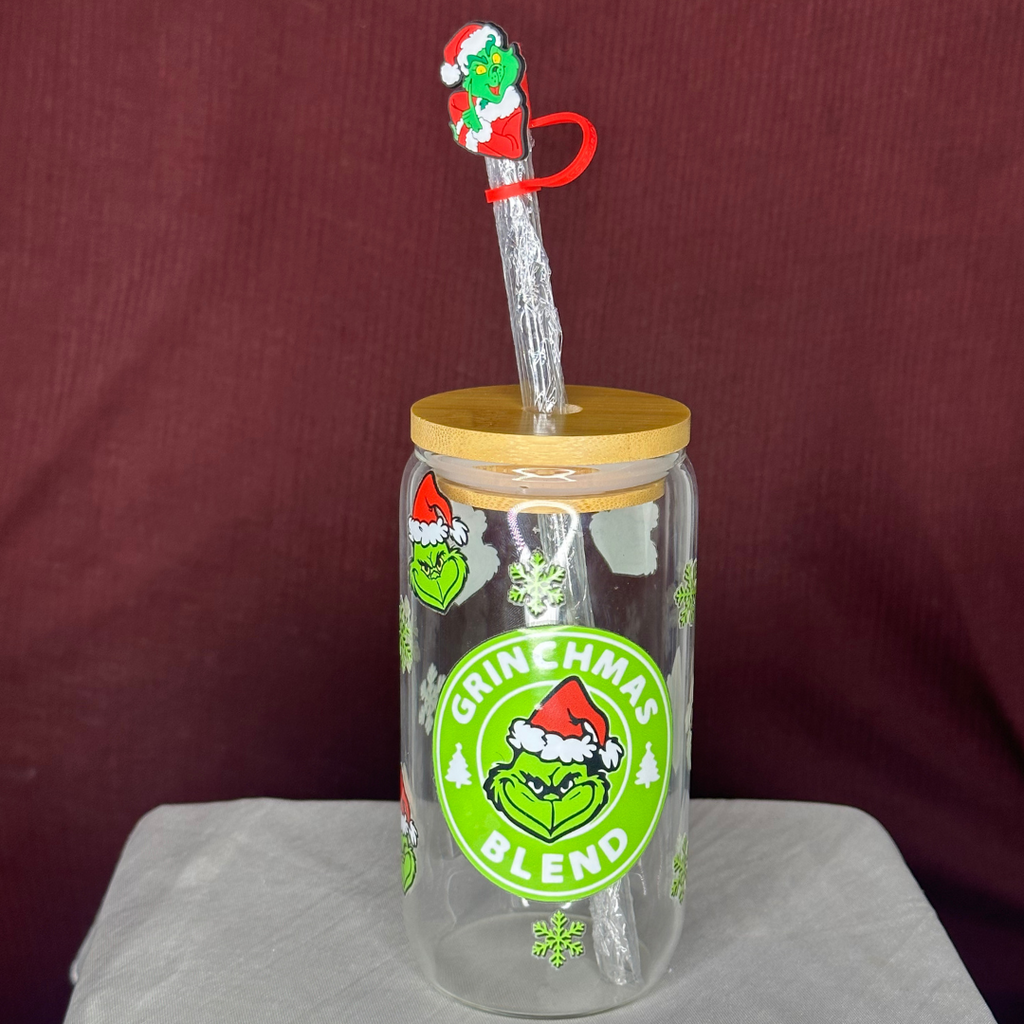 Grinchbucks Glass Can Cup - Lid + Straw + Holiday Topper