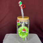 Grinchbucks Glass Can Cup - Lid + Straw + Holiday Topper