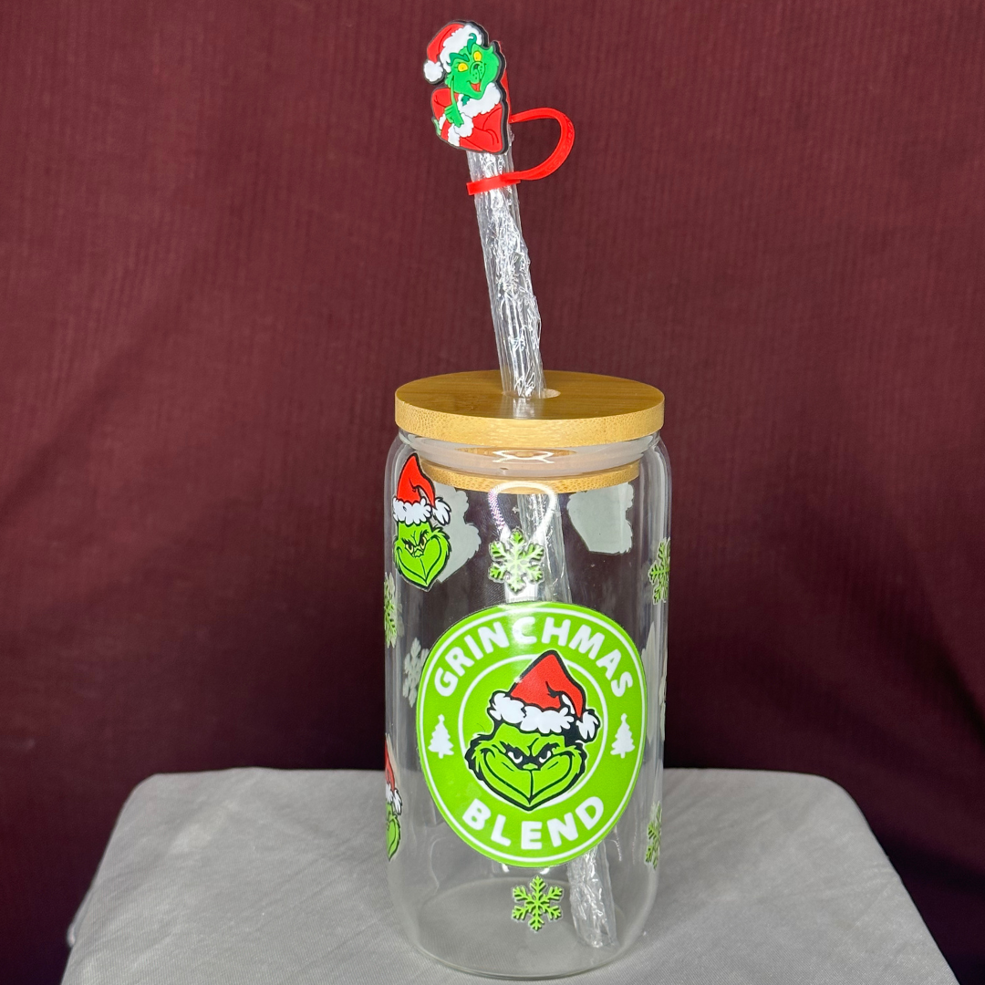 Grinchbucks Glass Can Cup - Lid + Straw + Holiday Topper
