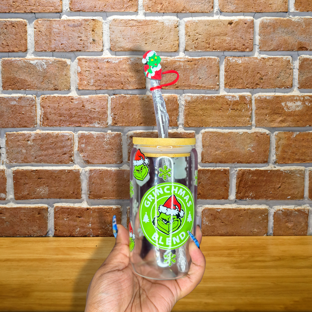 Grinchbucks Glass Can Cup - Lid + Straw + Holiday Topper