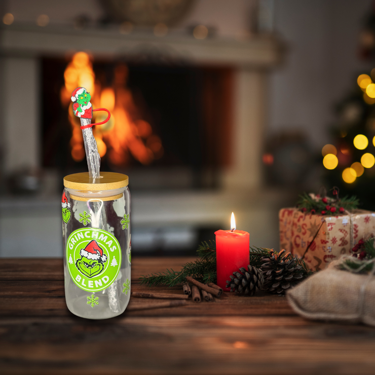 Grinchbucks Glass Can Cup - Lid + Straw + Holiday Topper