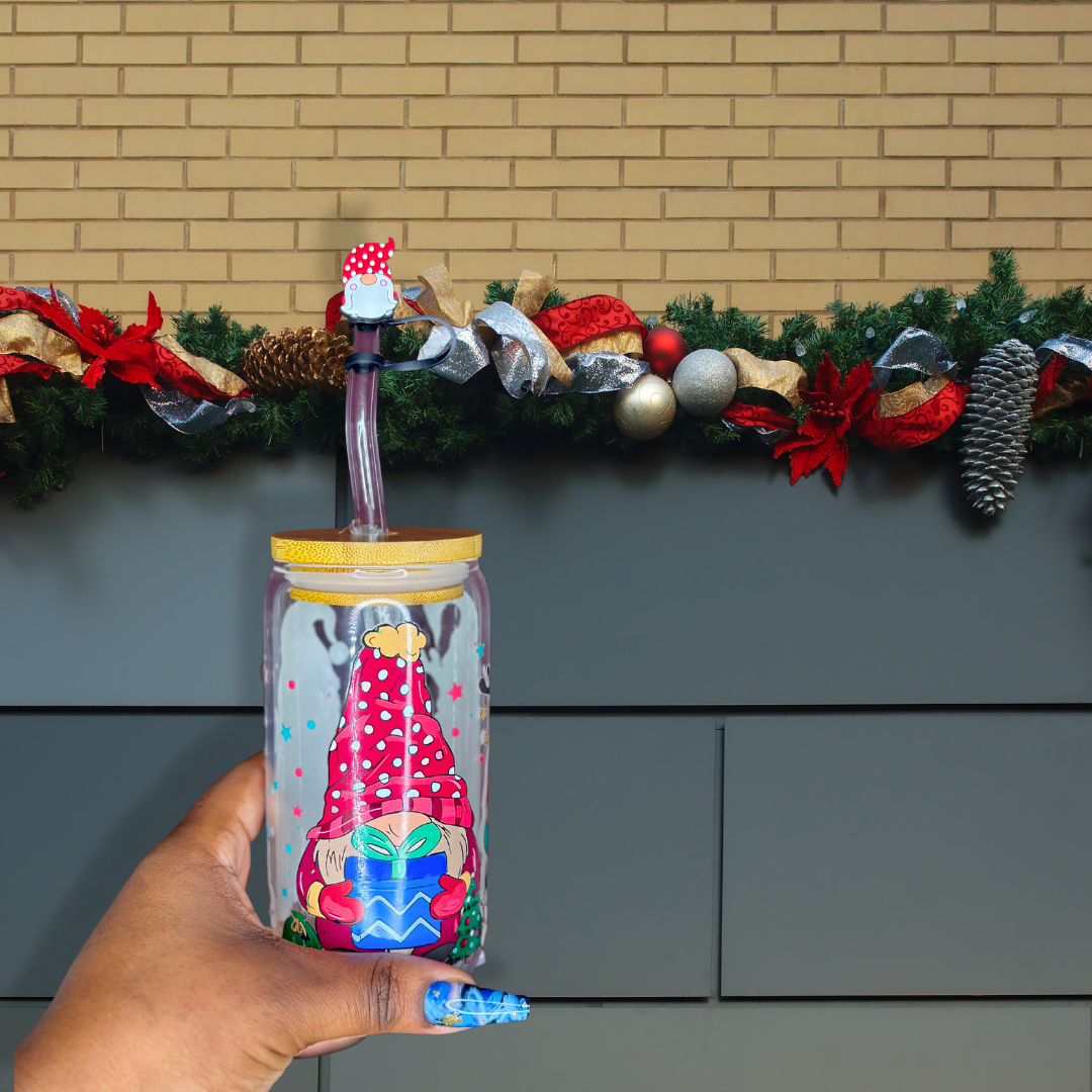 Knome Alone Glass Can Cup - Lid + Straw + Holiday Topper