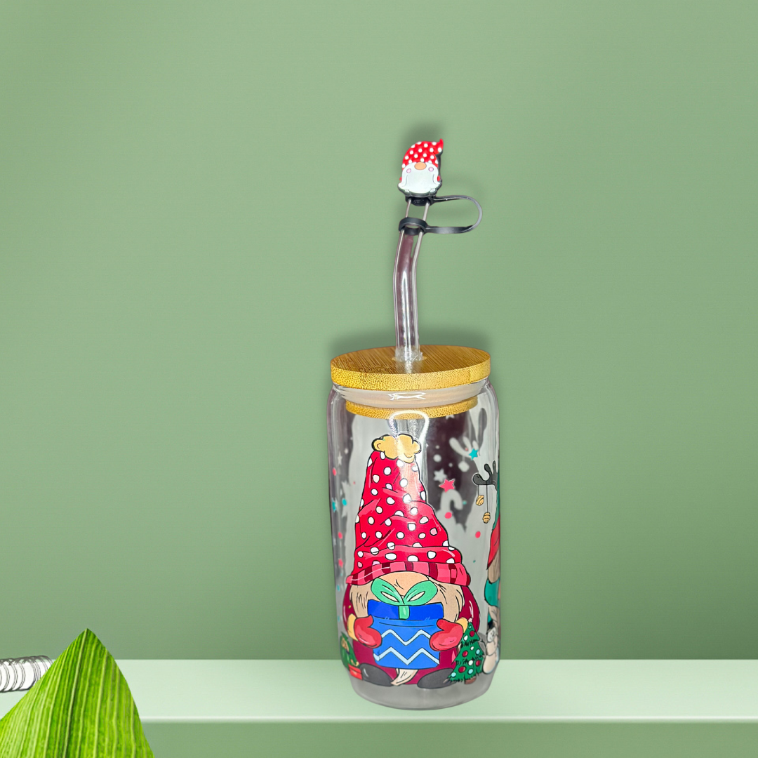 Knome Alone Glass Can Cup - Lid + Straw + Holiday Topper