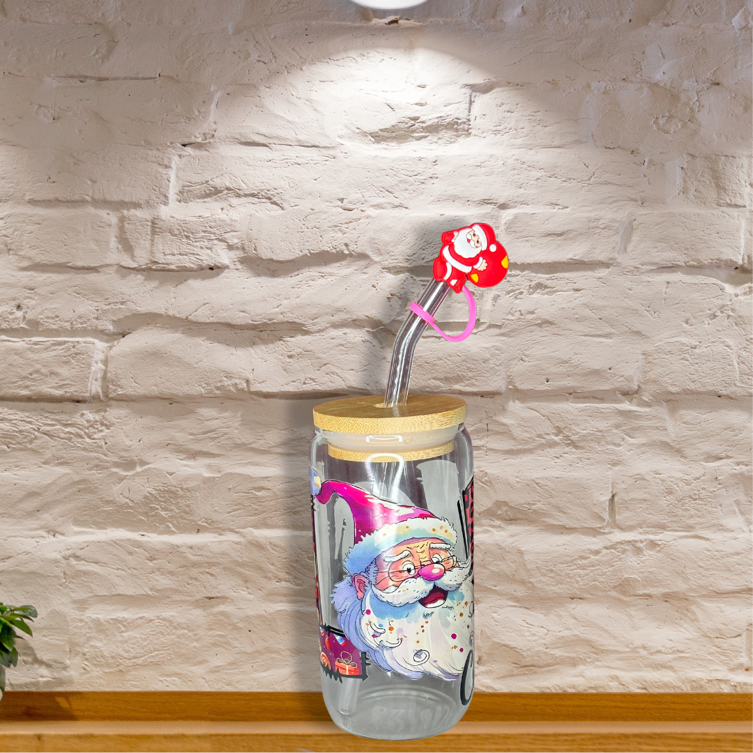 Santa Christmas LOVE Glass Can Cup  -  Lid + Straw + Holiday Topper