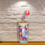 Santa Christmas LOVE Glass Can Cup  -  Lid + Straw + Holiday Topper
