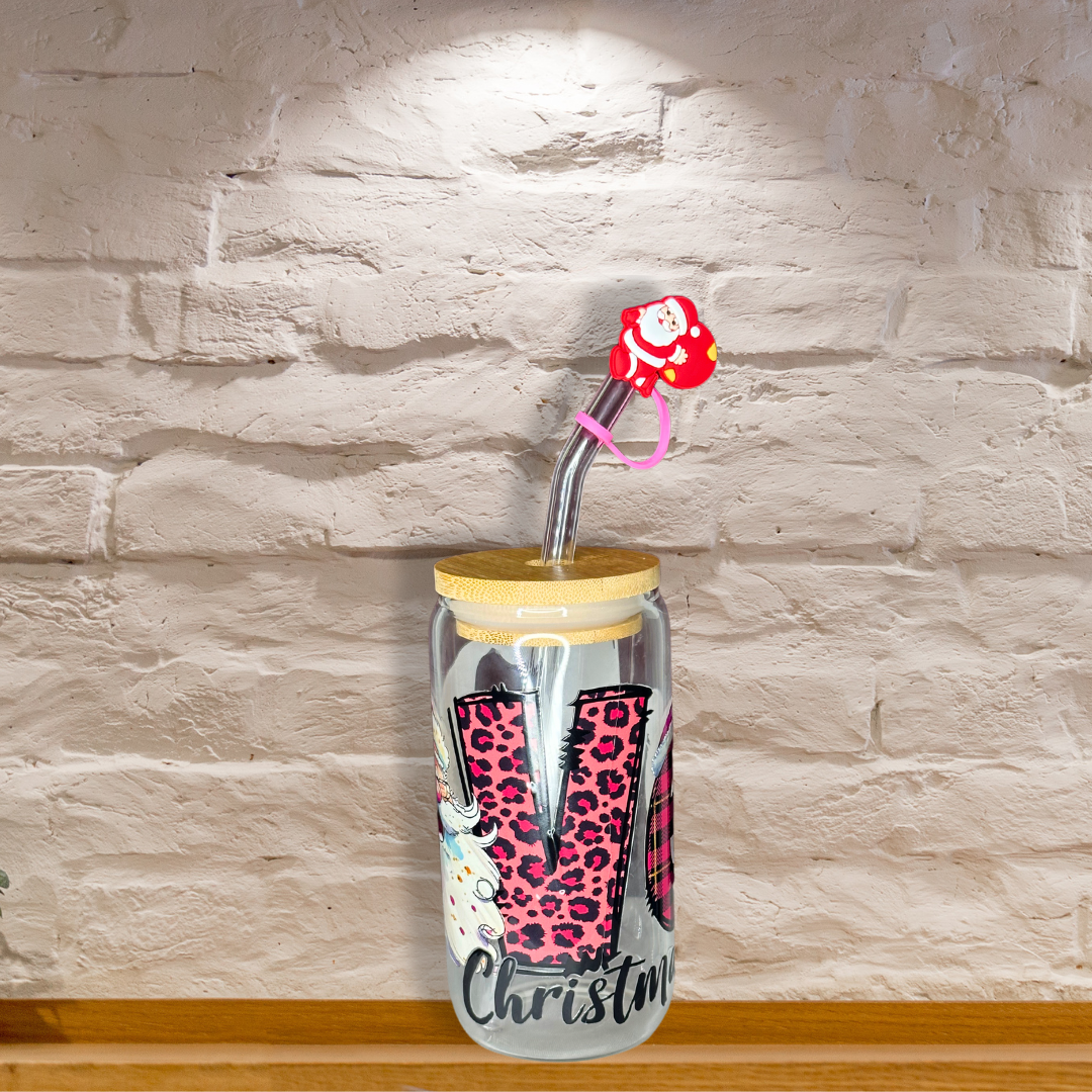 Santa Christmas LOVE Glass Can Cup  -  Lid + Straw + Holiday Topper