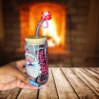 Santa Christmas LOVE Glass Can Cup  -  Lid + Straw + Holiday Topper